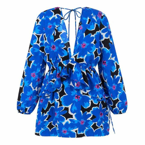 New Look Womens Blue Floral Polyester A-Line Size 12 V-Neck Tie