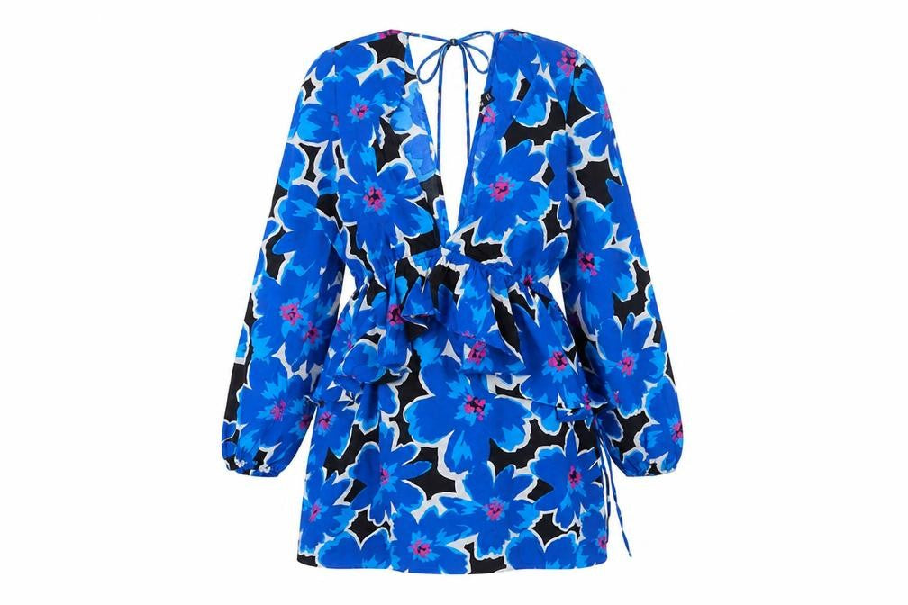 New Look Womens Blue Floral Polyester A-Line Size 12 V-Neck Tie