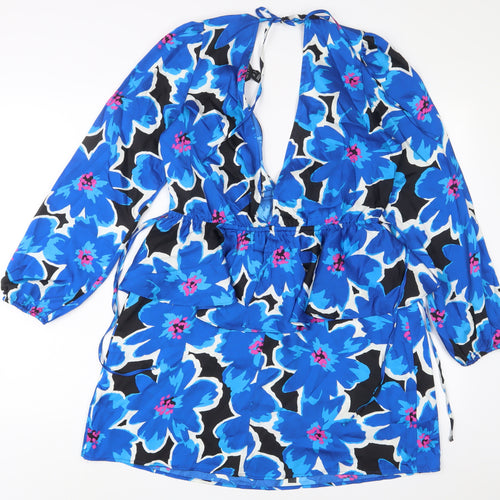 New Look Womens Blue Floral Polyester A-Line Size 12 V-Neck Tie