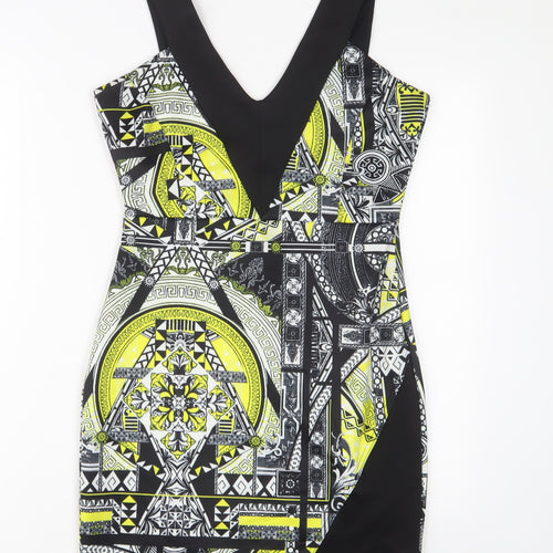 Miss Selfridge Womens Yellow Geometric Polyester A-Line Size 12 V-Neck Pullover