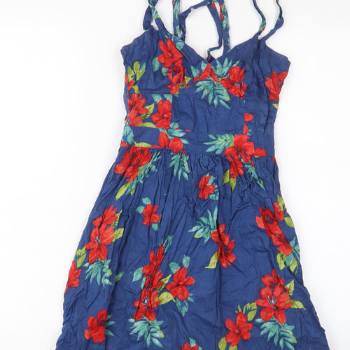 ASOS Womens Blue Floral Cotton A-Line Size 8 V-Neck Zip - Cross Back