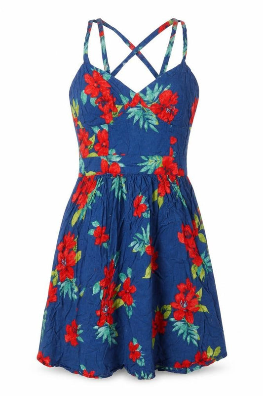 Front view of ASOS women’s blue floral cotton a-line, size UK 8, v-neck zip - cross back