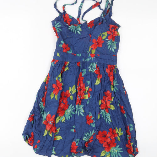 ASOS Womens Blue Floral Cotton A-Line Size 8 V-Neck Zip - Cross Back
