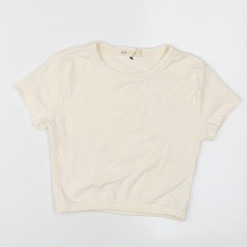 Stradivarius Womens Ivory Cotton Cropped T-Shirt Size S Crew Neck