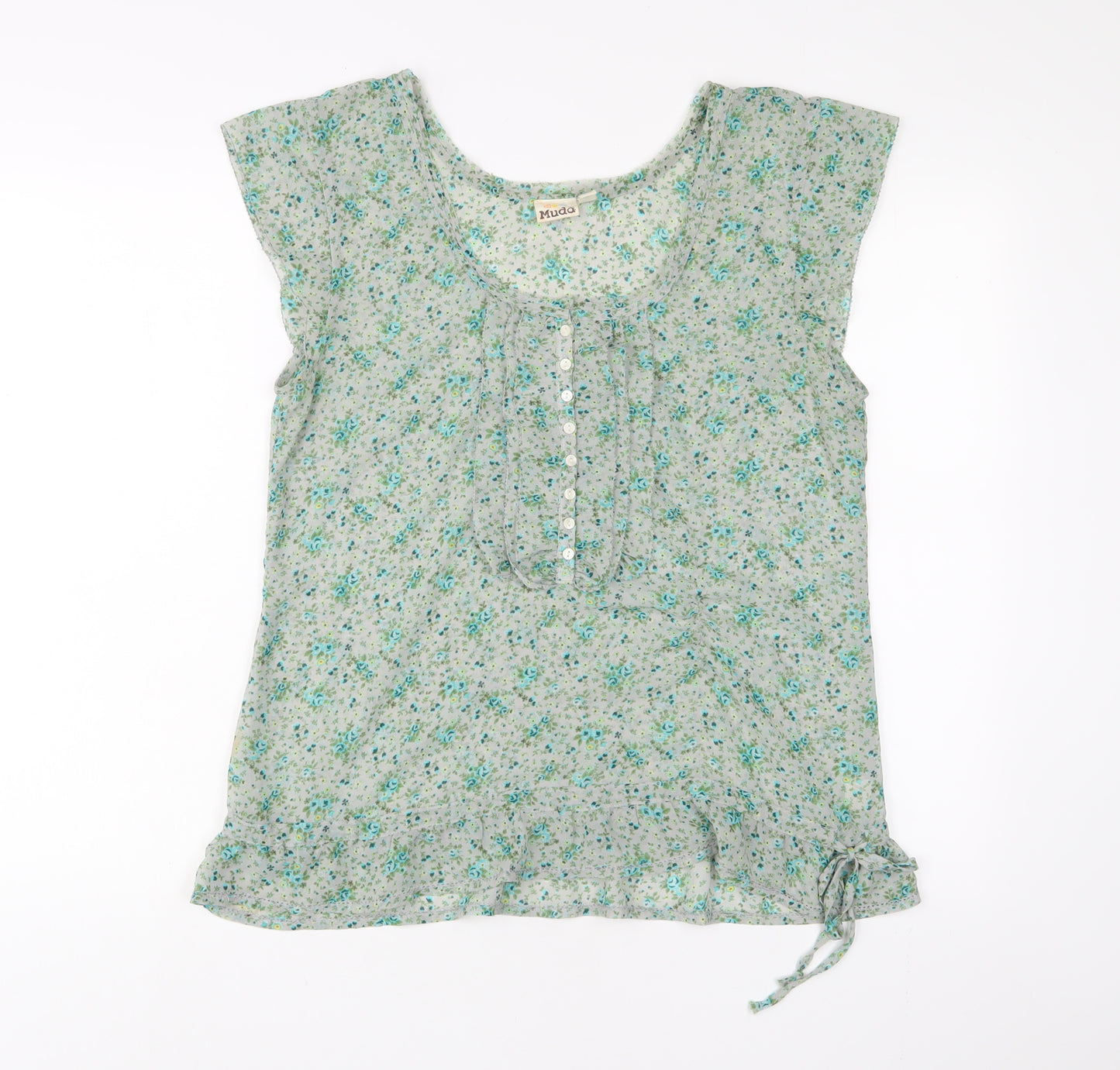 Muda Womens Green Floral Polyester Basic T-Shirt Size XL Scoop Neck