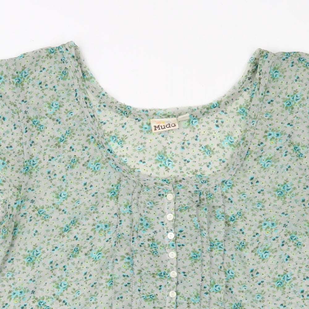 Muda Womens Green Floral Polyester Basic T-Shirt Size XL Scoop Neck