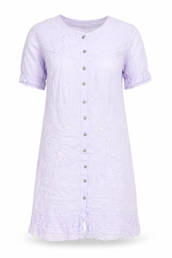 Front view of Reflect women’s purple polyester sheath, size M, boat neck button - embroidered
