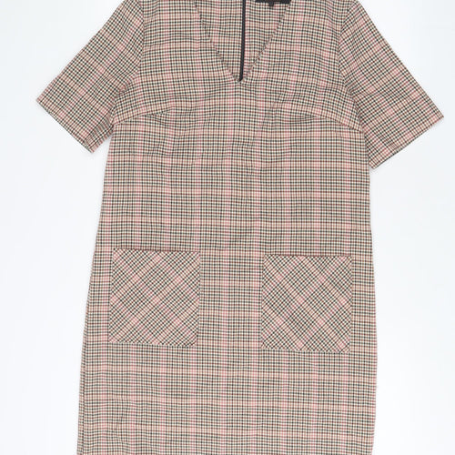 NEXT Womens Brown Plaid Polyester A-Line Size 12 V-Neck Zip