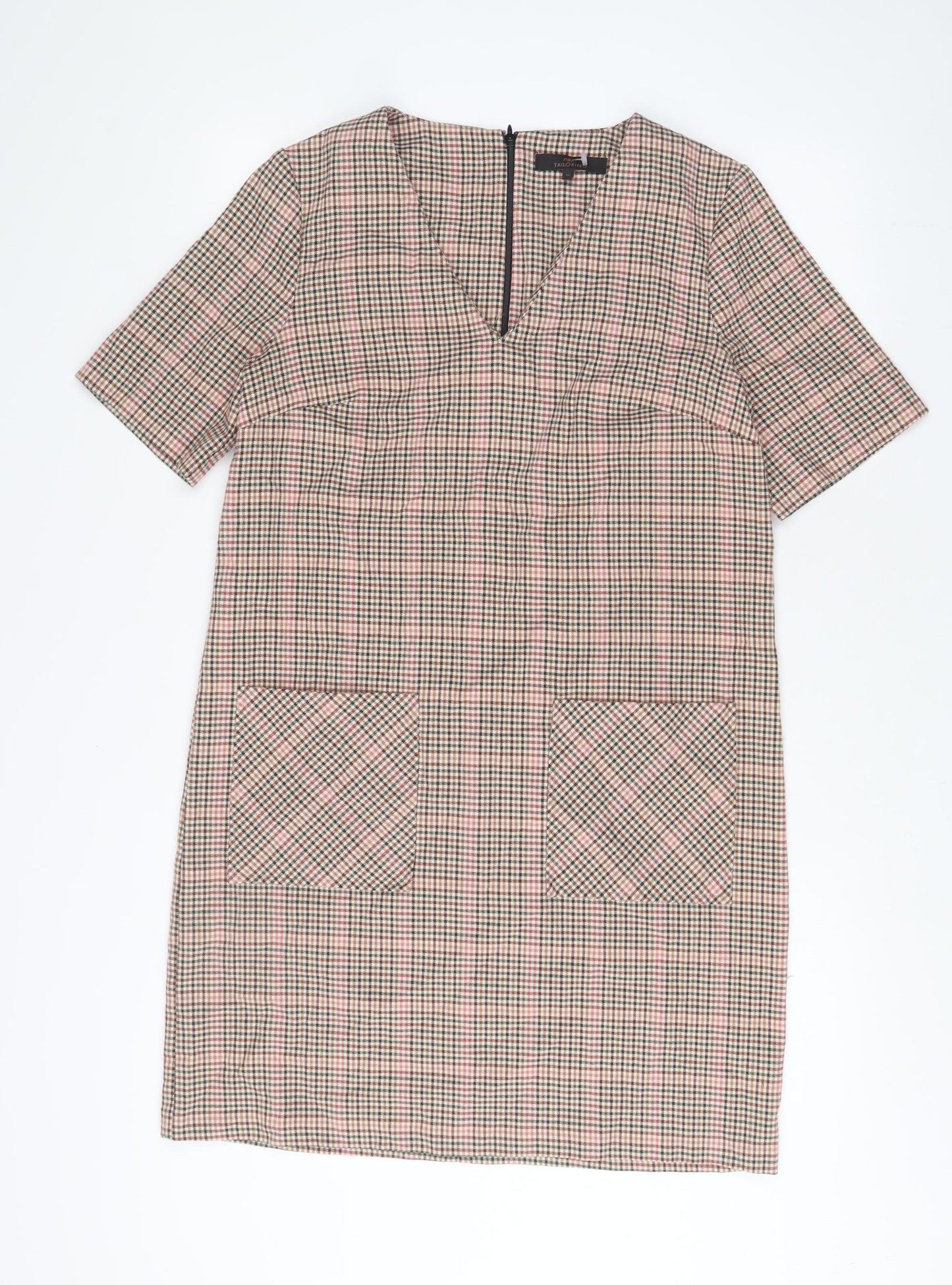 NEXT Womens Brown Plaid Polyester A-Line Size 12 V-Neck Zip