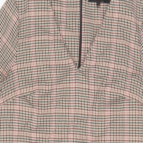 NEXT Womens Brown Plaid Polyester A-Line Size 12 V-Neck Zip