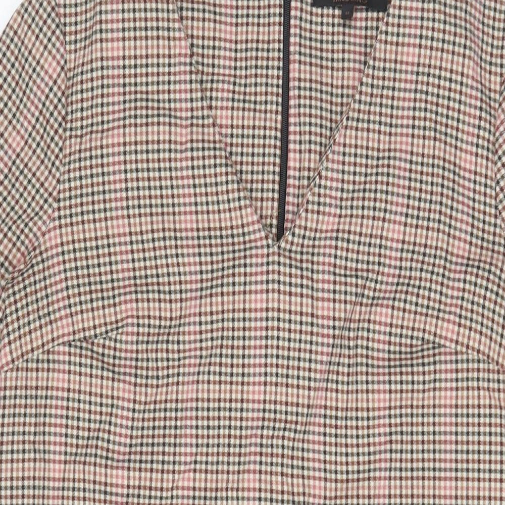 NEXT Womens Brown Plaid Polyester A-Line Size 12 V-Neck Zip