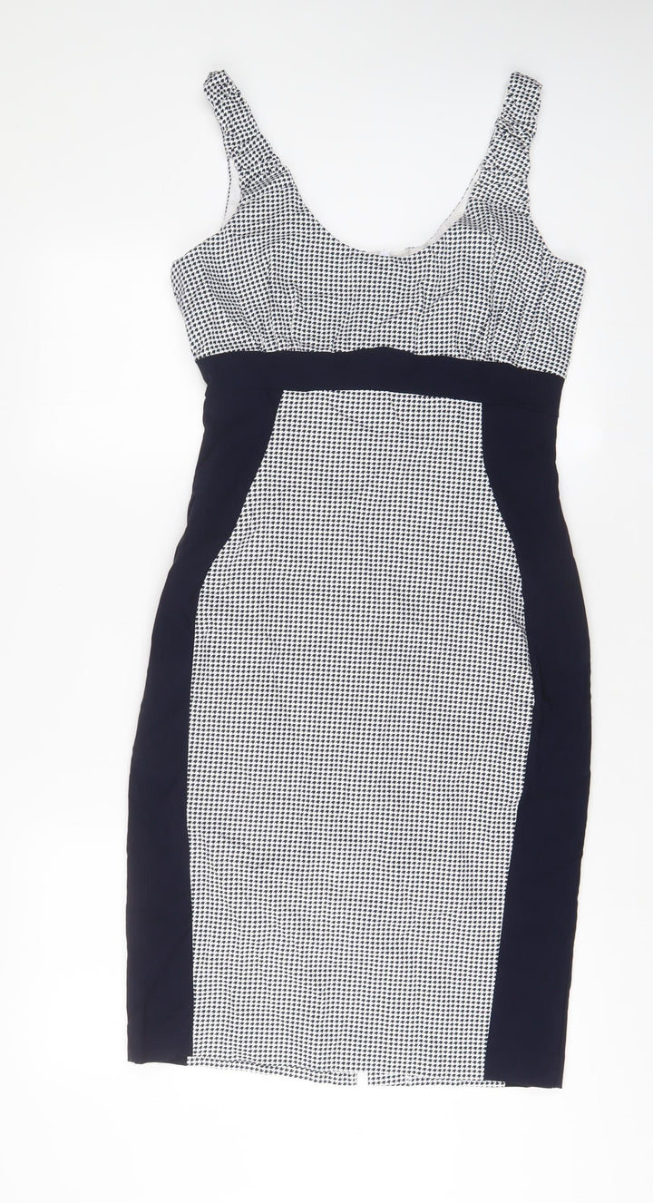 The pretty dress company Womens Blue Geometric Cotton Sheath Size 14 Scoop Neck Zip