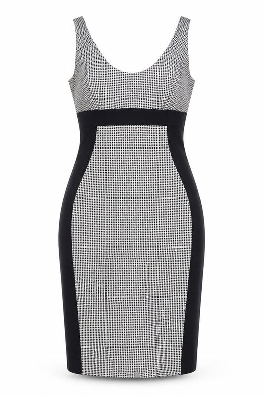 Front view of The pretty dress company women’s blue geometric cotton sheath, size UK 14, scoop neck zip