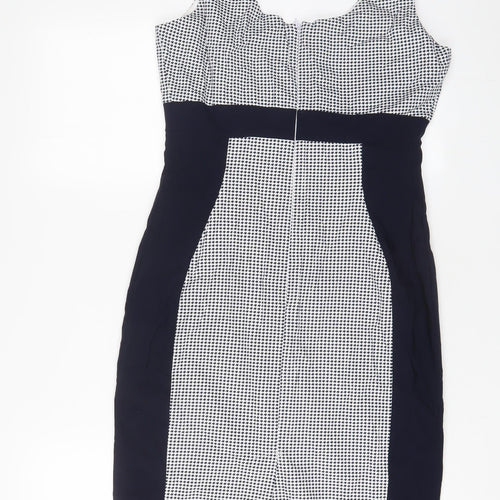 The pretty dress company Womens Blue Geometric Cotton Sheath Size 14 Scoop Neck Zip