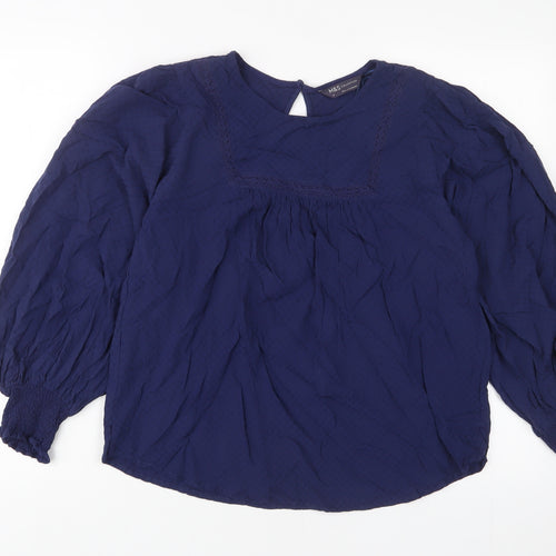 Marks and Spencer Womens Blue Viscose Basic T-Shirt Size 10 Crew Neck - Embroidered