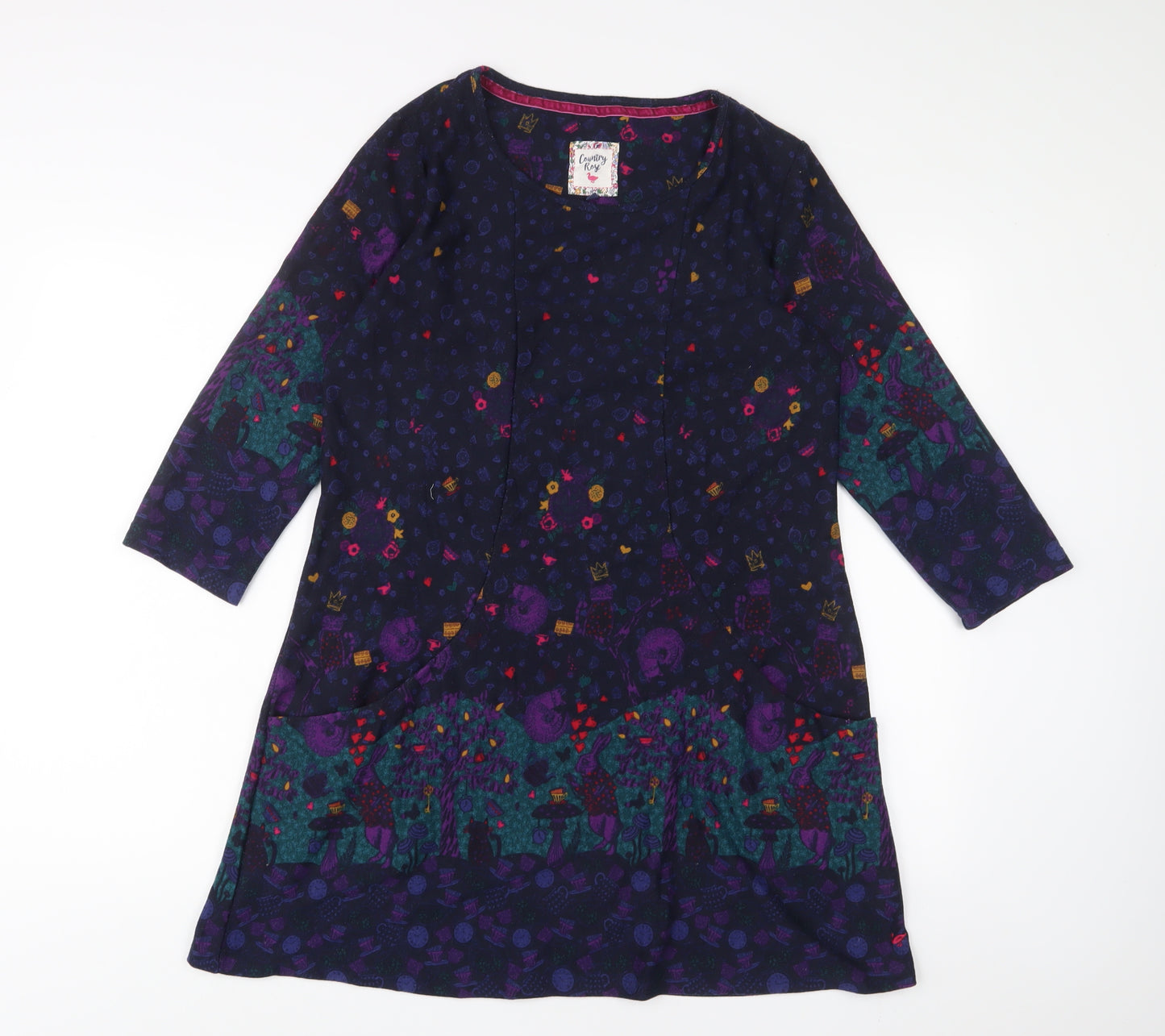 EWM Womens Blue Geometric Polyester Sheath Size M Crew Neck Pullover - Pockets