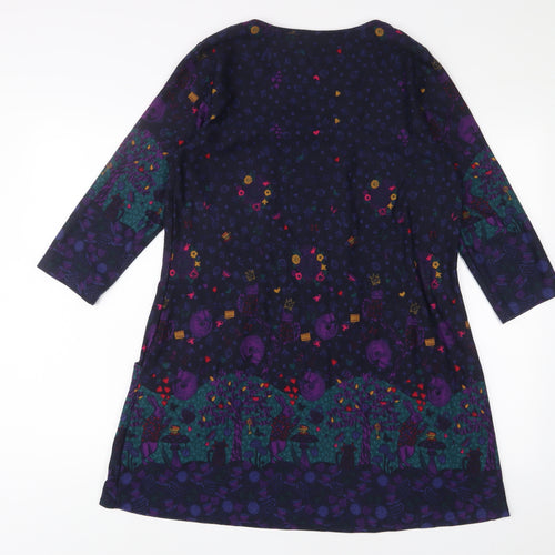 EWM Womens Blue Geometric Polyester Sheath Size M Crew Neck Pullover - Pockets