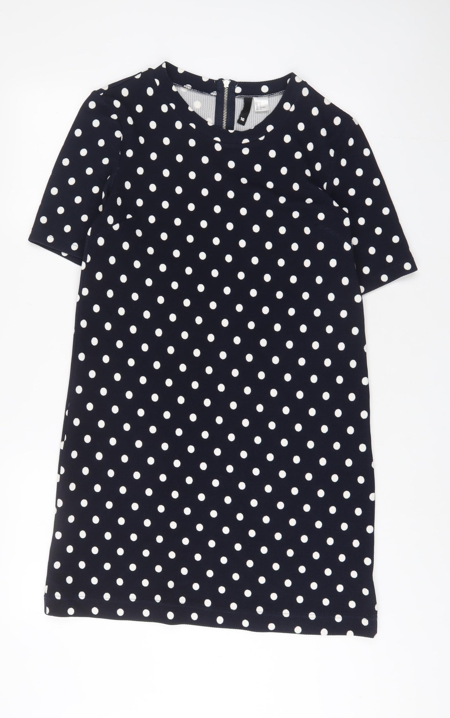 H&M Womens Blue Polka Dot Polyester Sheath Size 16 Crew Neck Zip