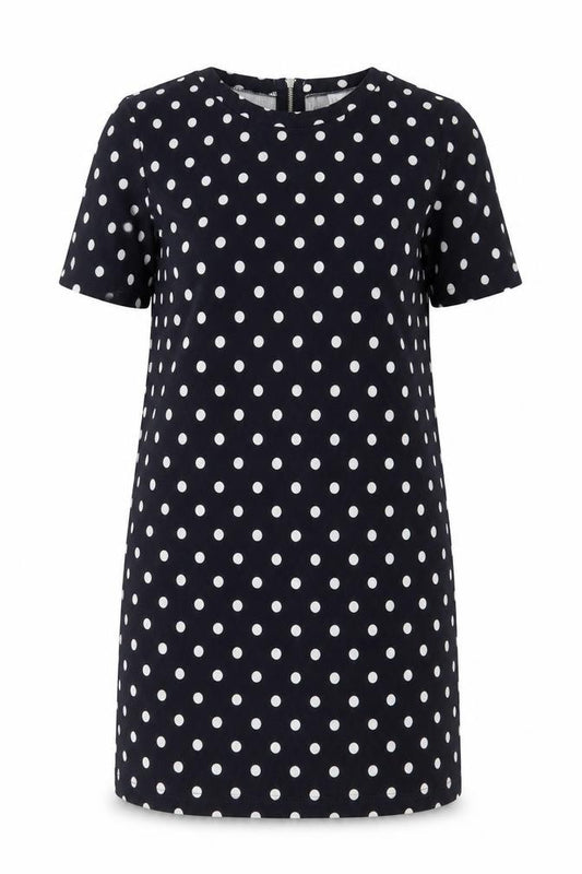 Front view of H&M women’s blue polka dot polyester sheath, size UK 16, crew neck zip