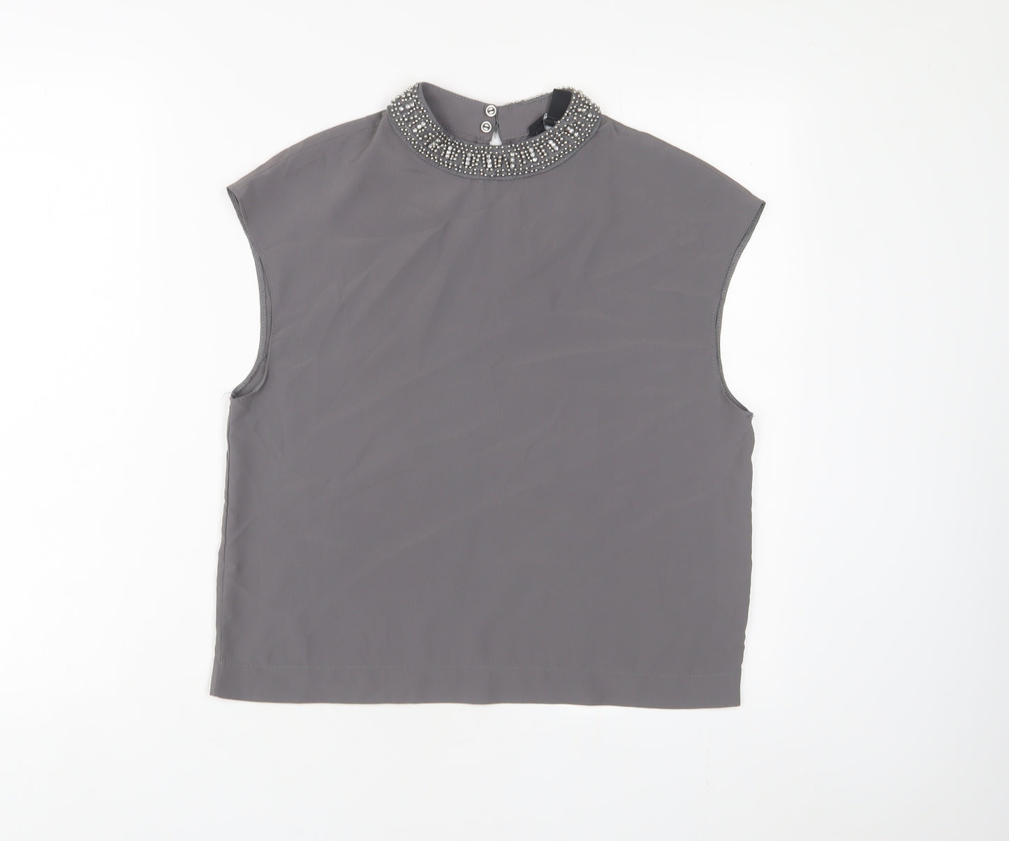 New Look Womens Grey Polyester Basic Tank Size 10 Round Neck - beaded