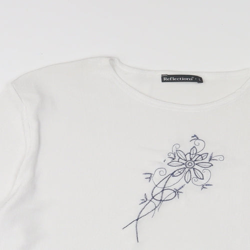 Reflections Womens White Polyester Basic T-Shirt Size L Crew Neck - Embroidered