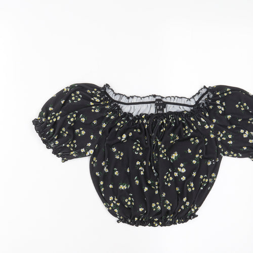 New Look Womens Black Floral Polyester Cropped T-Shirt Size 10 Boat Neck