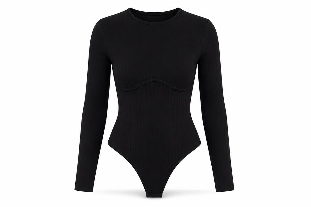 Front view of PRETTYLITTLETHING women’s black polyester bodysuit one-piece, size UK 6, snap