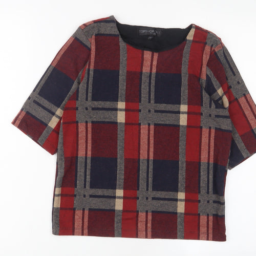Topshop Womens Multicoloured Plaid Polyester Basic T-Shirt Size 8 Crew Neck
