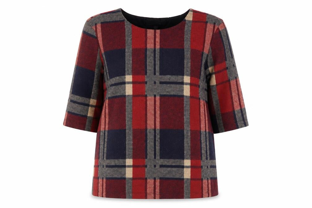 Front view of Topshop women’s multicoloured plaid polyester basic t-shirt, size UK 8, crew neck