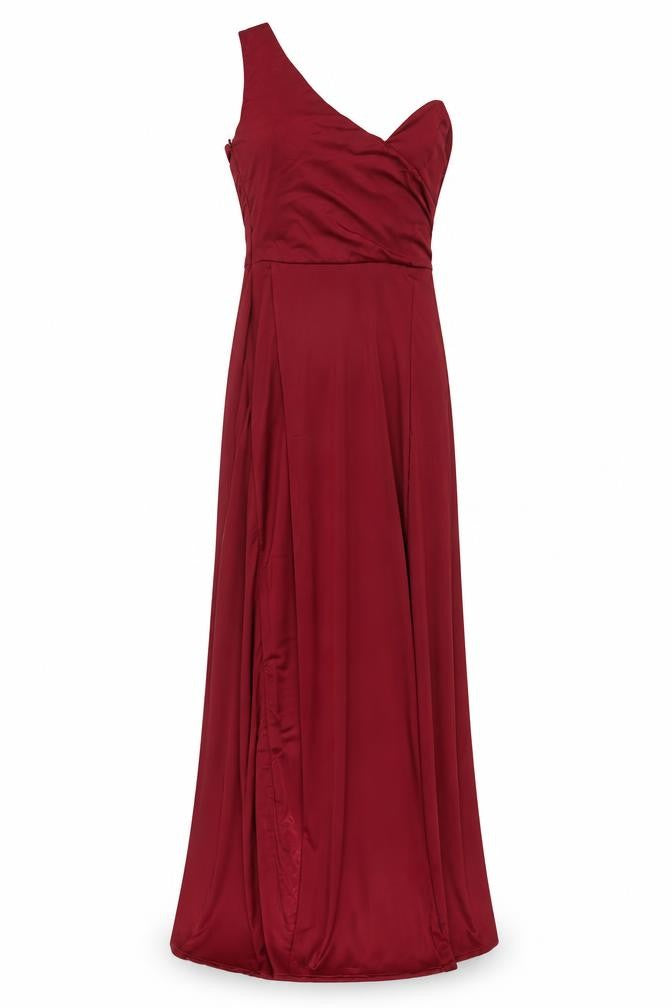 Front view of Missguided women’s red polyester a-line, size UK 8, off the shoulder zip