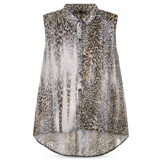 Front view of Topshop women’s multicoloured animal print polyester basic button-up, size UK 14, collared