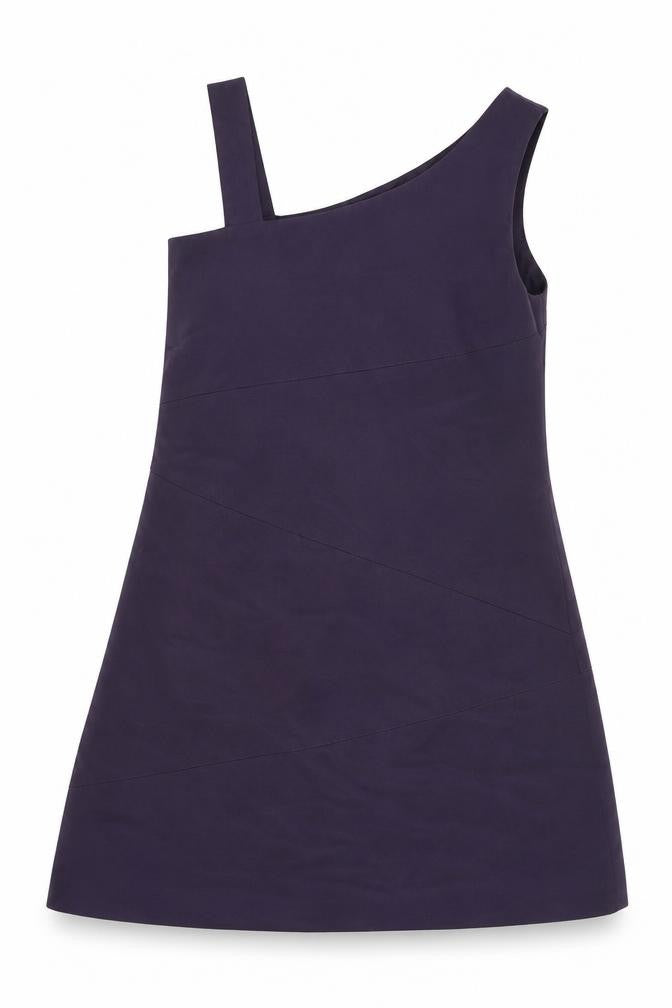 Front view of Oasis women’s purple polyester a-line, size UK 14, one shoulder zip