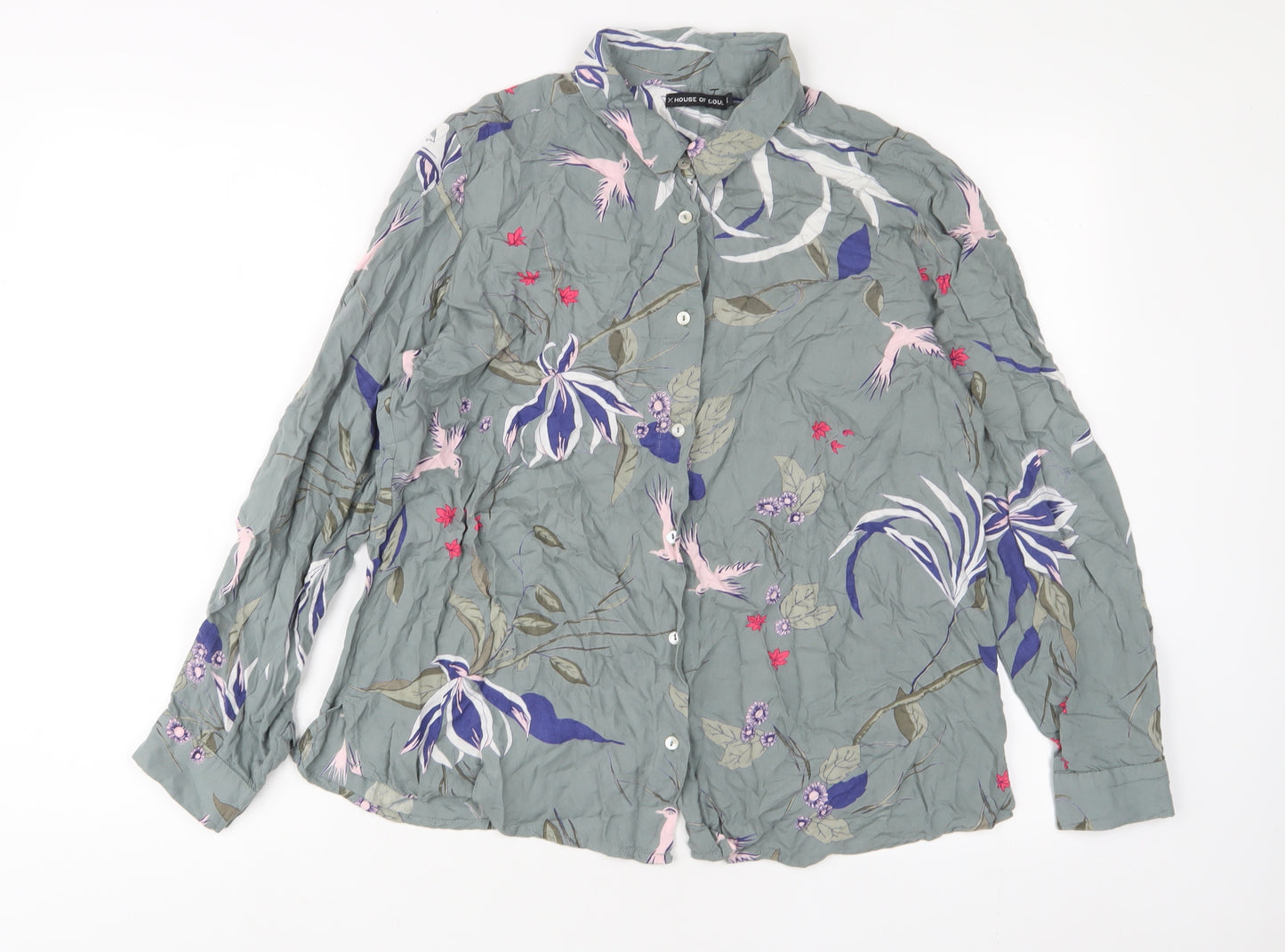House of Soul Womens Blue Floral Viscose Basic Button-Up Size M Collared