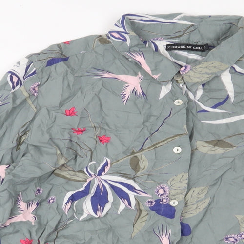 House of Soul Womens Blue Floral Viscose Basic Button-Up Size M Collared
