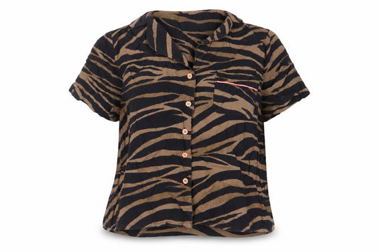 Front view of ASOS women’s brown animal print viscose basic button-up, size UK 8, collared