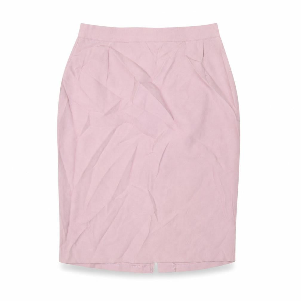 Front view of etham women’s pink polyester a-line skirt, size UK 16, button