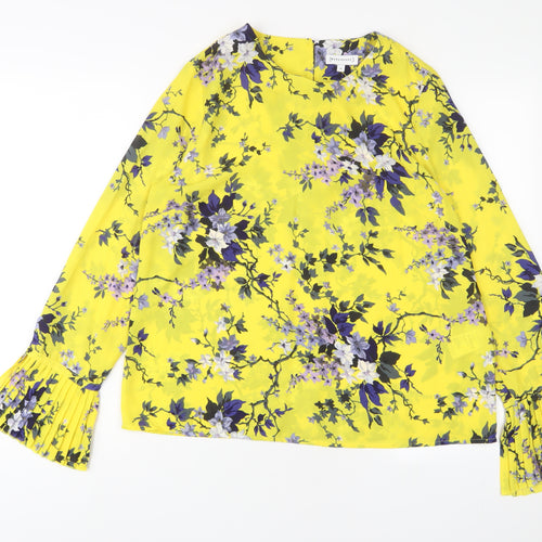Warehouse Womens Yellow Floral Polyester Basic Blouse Size 14 Crew Neck