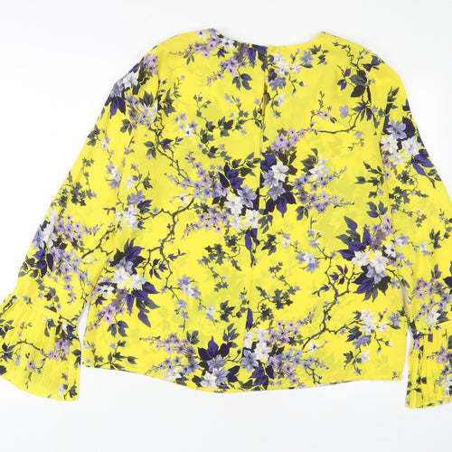 Warehouse Womens Yellow Floral Polyester Basic Blouse Size 14 Crew Neck