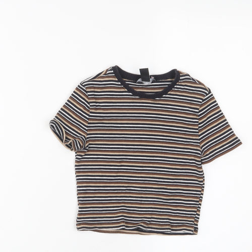 New Look Girls Brown Striped Cotton Cropped T-Shirt Size 10-11 Years Crew Neck Pullover