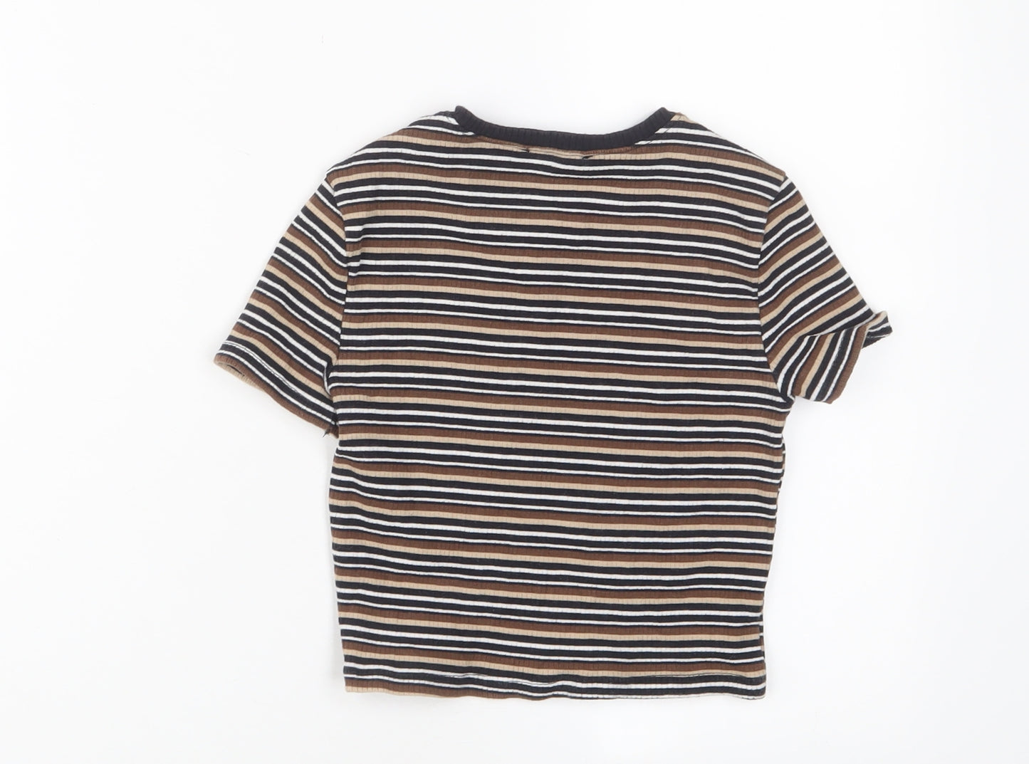 New Look Girls Brown Striped Cotton Cropped T-Shirt Size 10-11 Years Crew Neck Pullover