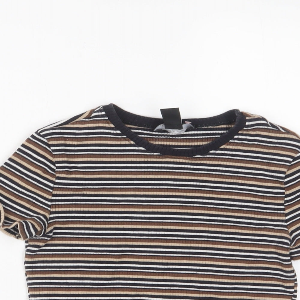 New Look Girls Brown Striped Cotton Cropped T-Shirt Size 10-11 Years Crew Neck Pullover