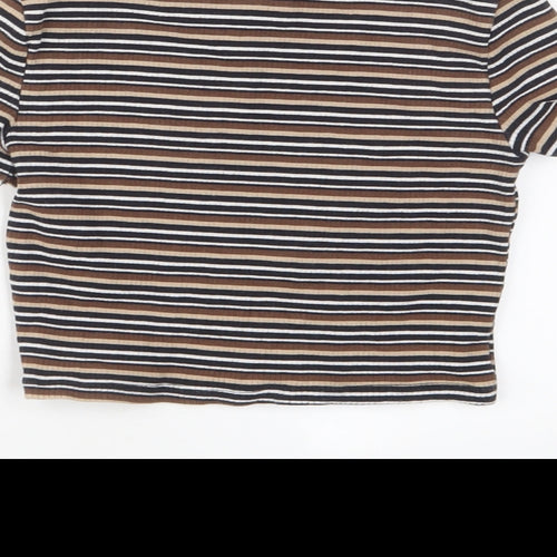 New Look Girls Brown Striped Cotton Cropped T-Shirt Size 10-11 Years Crew Neck Pullover