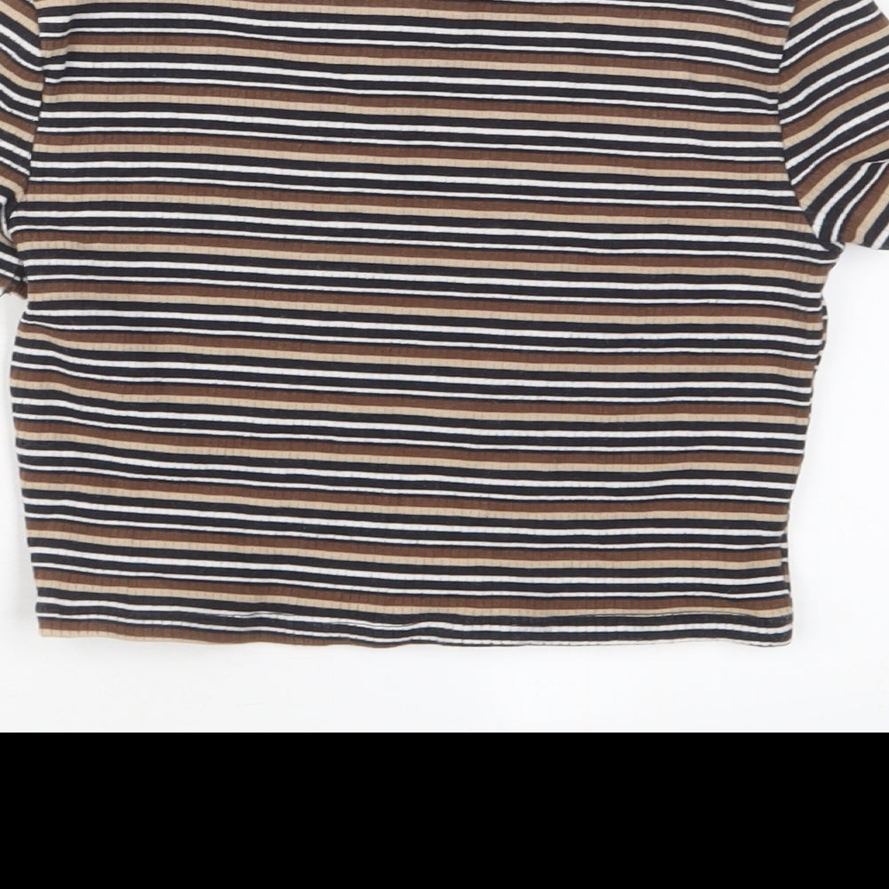 New Look Girls Brown Striped Cotton Cropped T-Shirt Size 10-11 Years Crew Neck Pullover