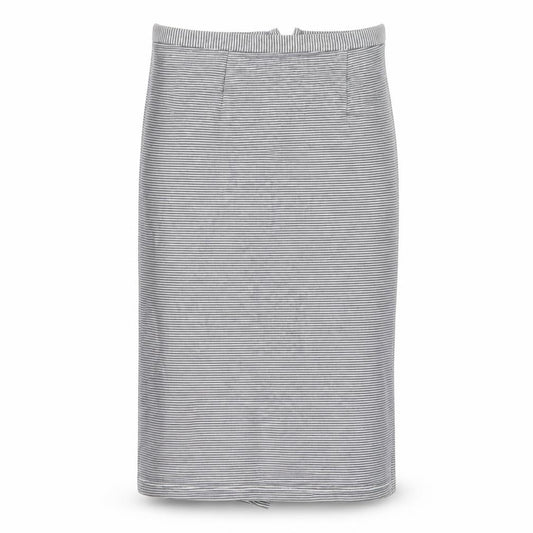 Front view of Topshop women’s blue striped cotton a-line skirt, size UK 14, zip