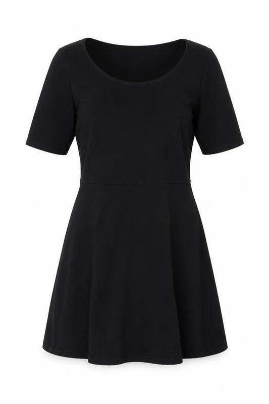 Front view of H&M women’s black cotton a-line, size M, scoop neck pullover