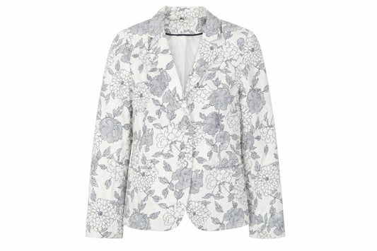 Front view of Classics women’s white floral jacket, size UK 12, button