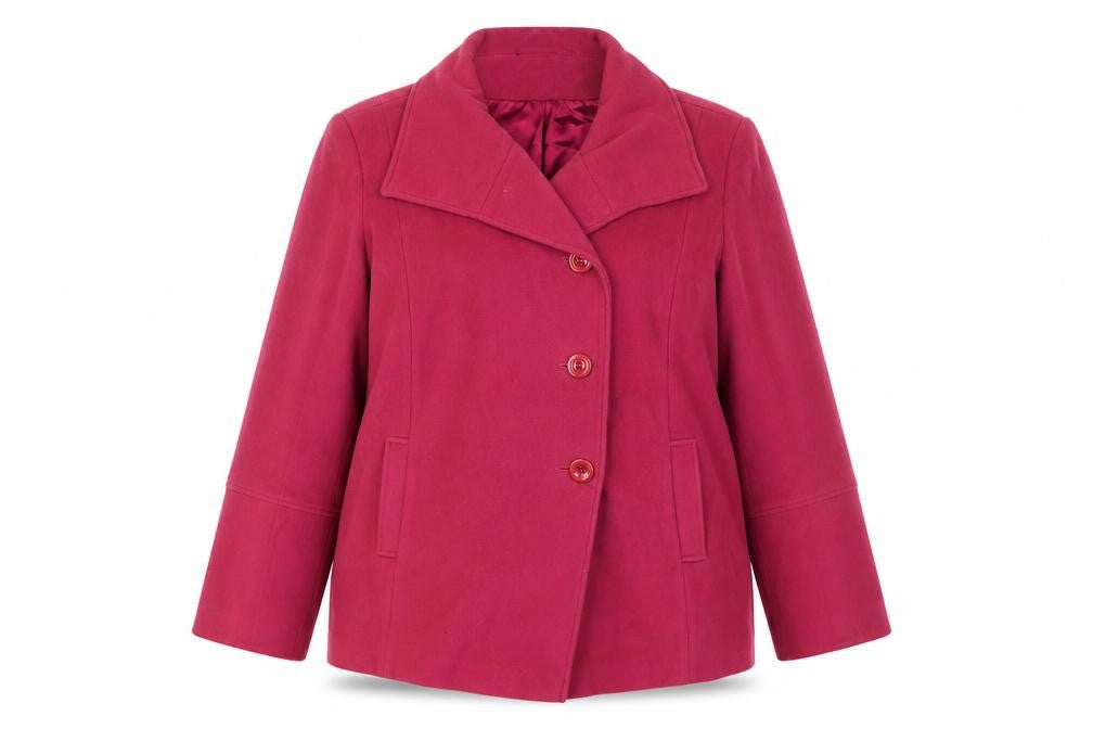 Front view of Alex & Co women’s pink overcoat coat, size UK 18, button