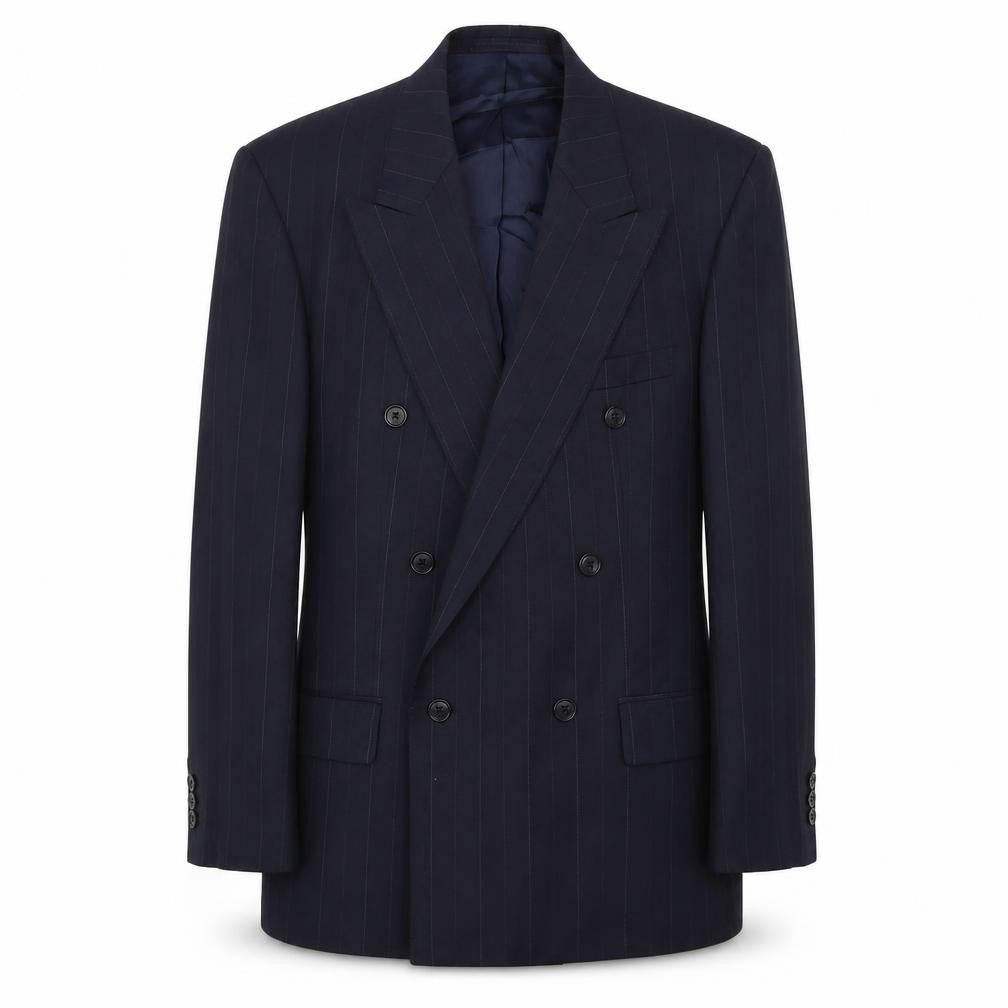 Front view of Lino Vierra men’s blue striped polyester jacket suit jacket, size 40, regular
