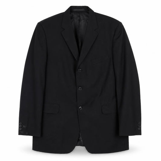 Front view of pinstripe men’s black polyester jacket suit jacket, size 44, regular - inside pockets