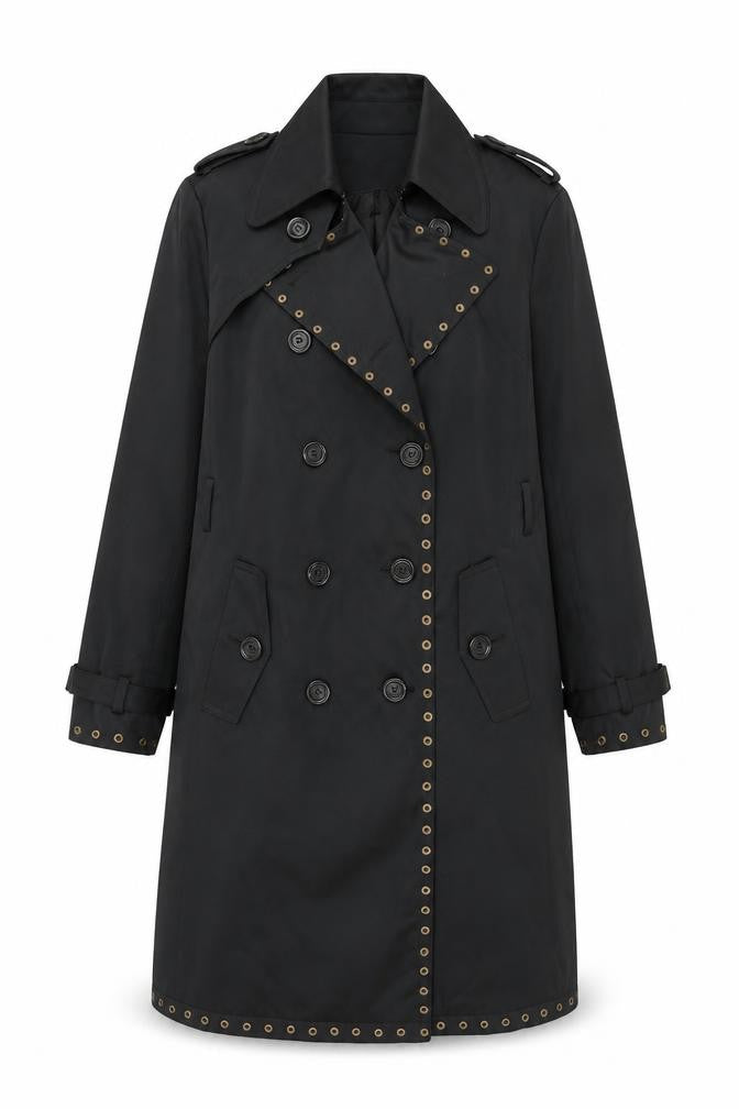 Front view of Insight women’s black overcoat coat, size UK 8, button - studded